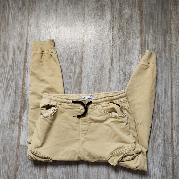 Zara Tan Cargo Jogger Pants Sz L Drawstring Casual Pocket Elastic Waist Comfort - Picture 1 of 11